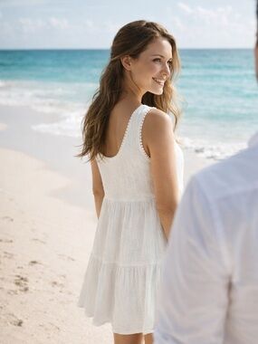 InTu. White Mini Dress Large Cotton Gauze Crinkle Empire Waist Beach Honeymoon